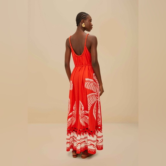 Farm Rio Majestic Coconut Tree Linen Blend Maxi Dress Red Small NEW Tropical - Picture 3 of 3